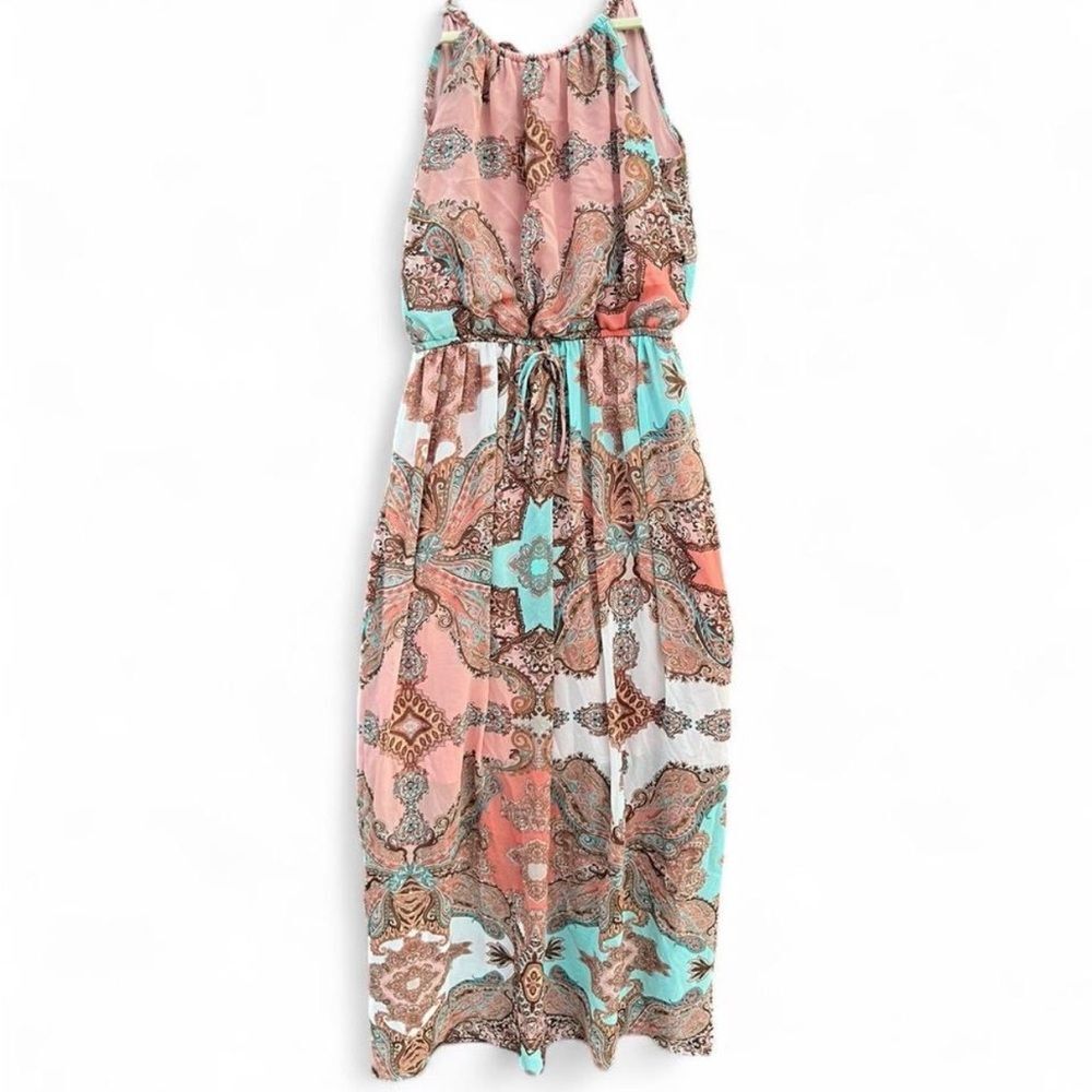 Sweet Storm Paisley Maxi Dress in Coral and Aqua